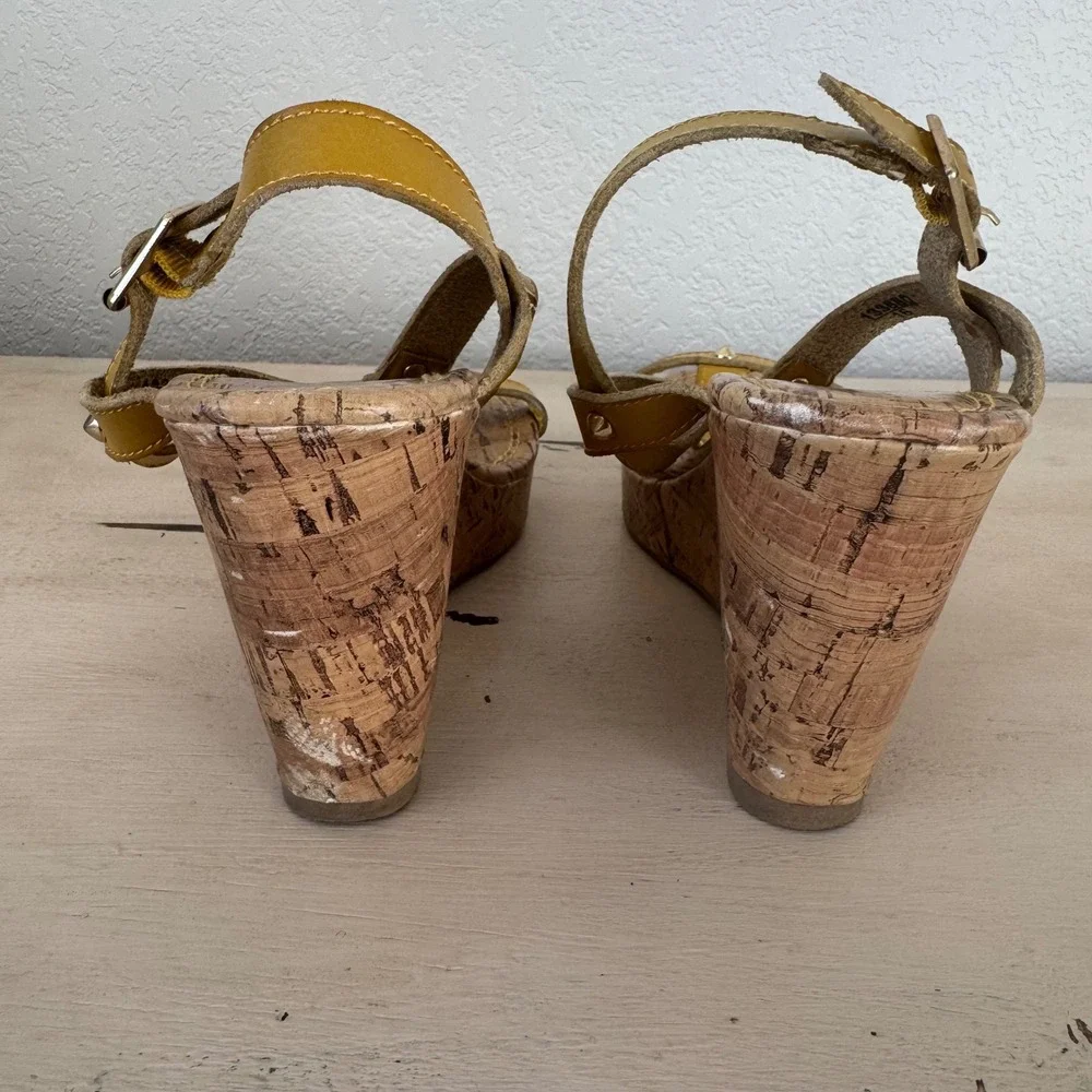 Montego Bay Yellow Wedge Sandals Cork Sole Studded Ankle Strap Women's Size‎ 7
